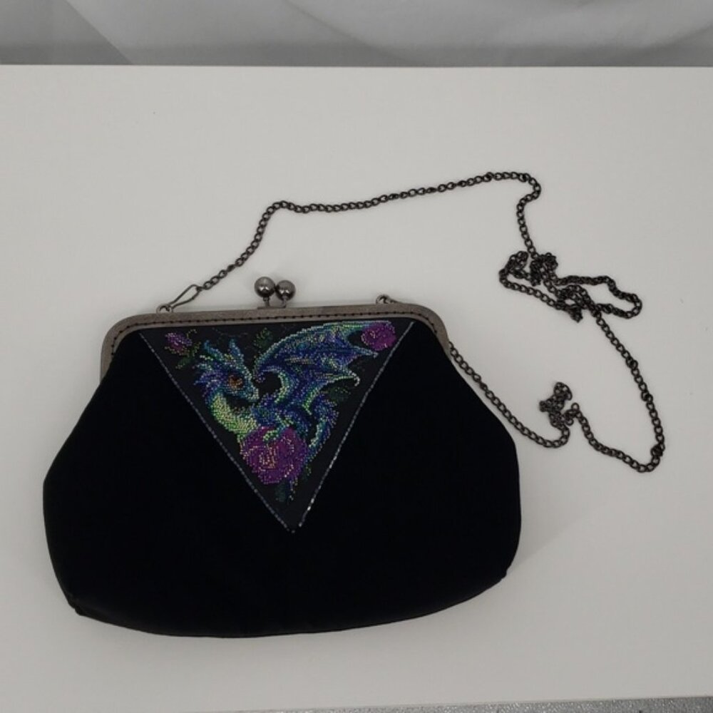 Fantasy Beaded Dragon Black Purse Velvet Embroidery Bag Crossbody Chained